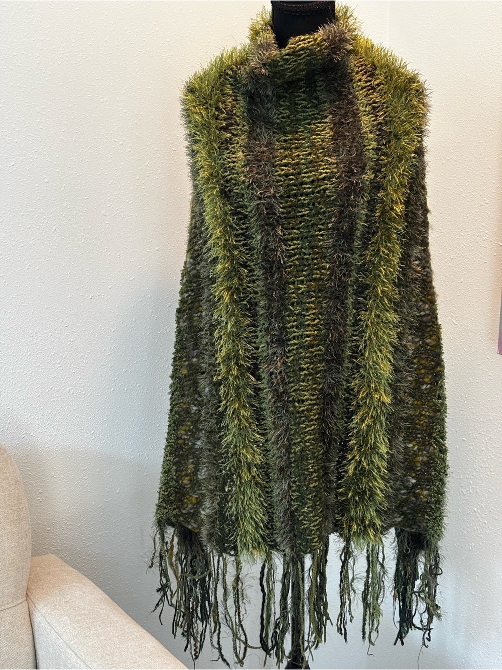 Green Fuzzy Fringe Knit Poncho